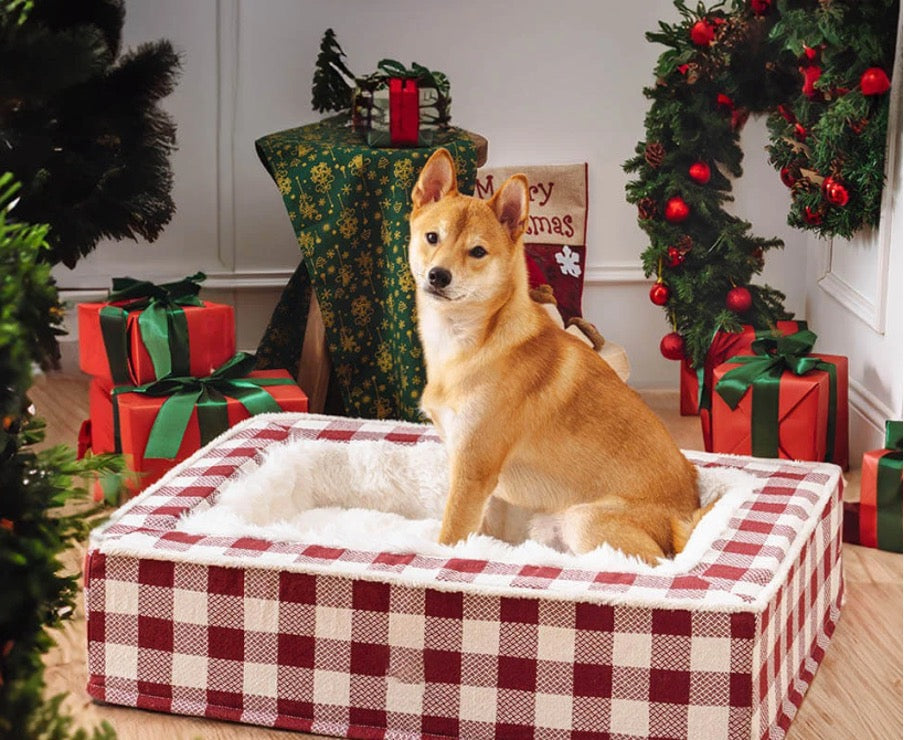 Feestelijk, comfortabel, geruit hondenbed van topkwaliteit