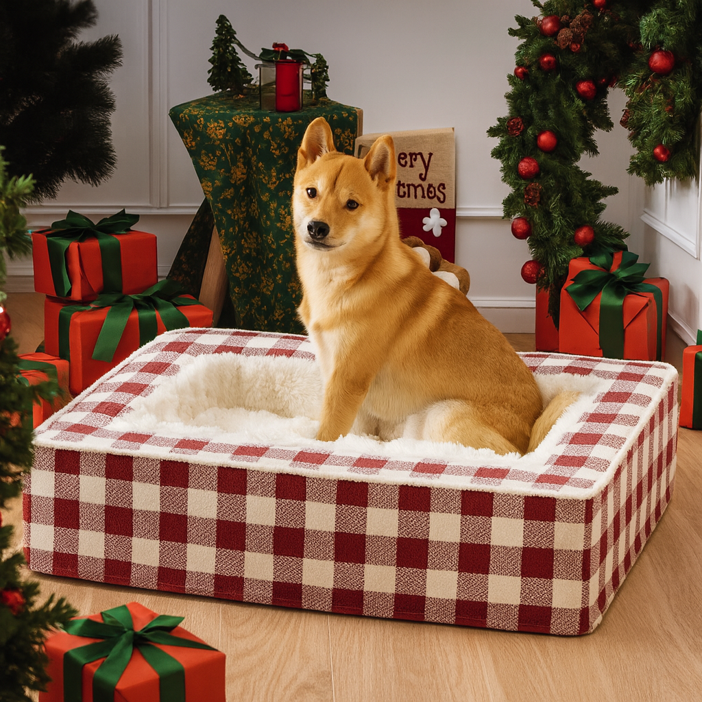 Feestelijk, comfortabel, geruit hondenbed van topkwaliteit