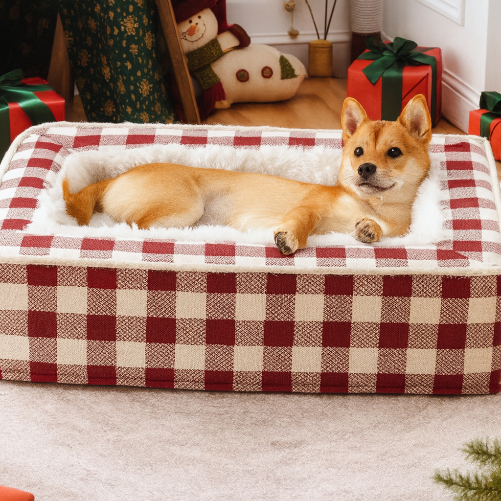 Feestelijk, comfortabel, geruit hondenbed van topkwaliteit