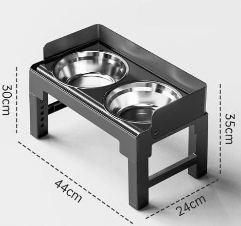 Pet feeding station with two bowls on a black stand, showing dimensions.