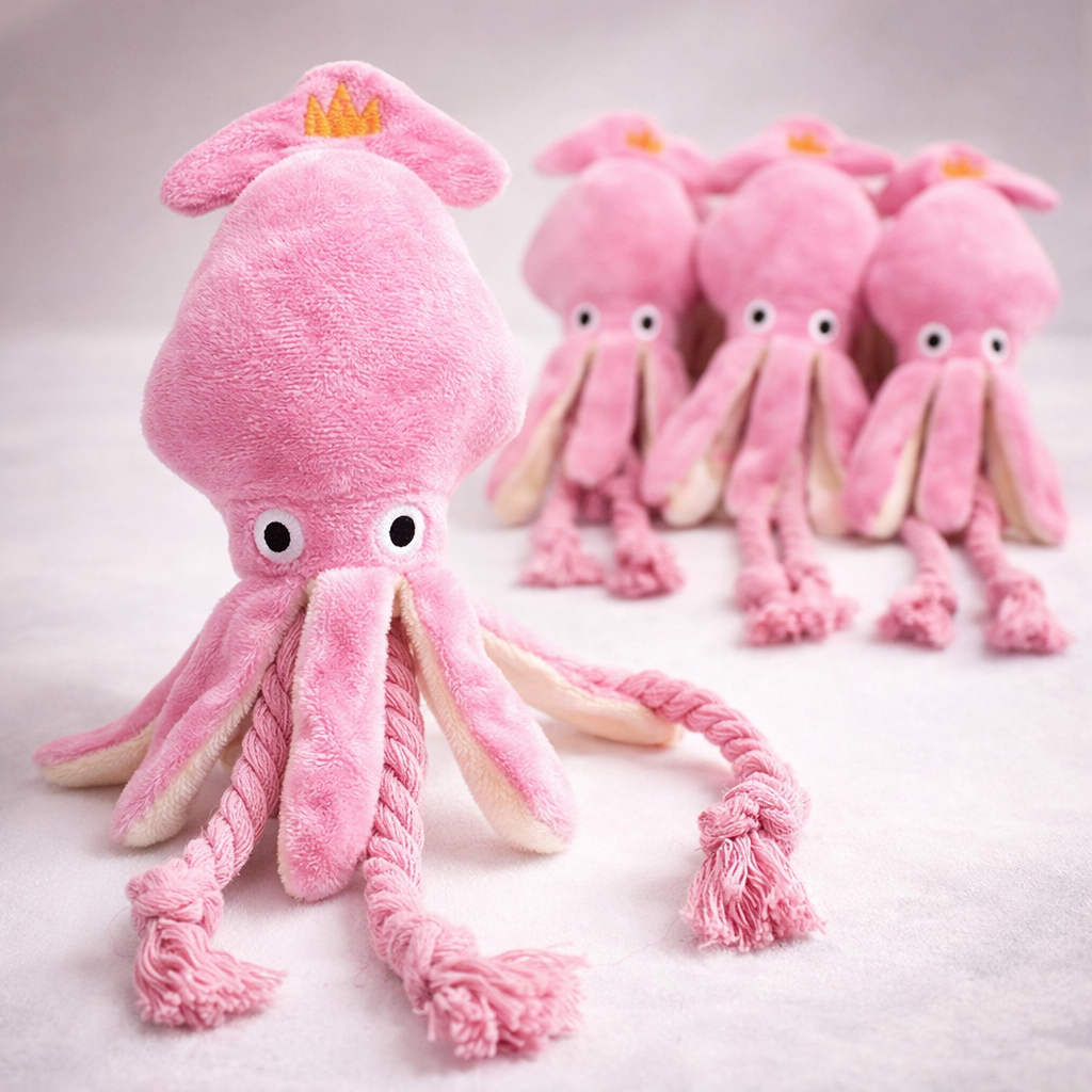 Pink octopus dog toy with rope legs – soft plush chew toy for dogs