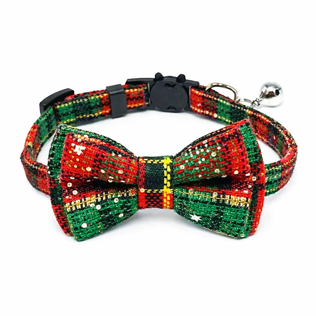 Green and red plaid cat collar with bow tie, bell and breakaway safety buckle on white background