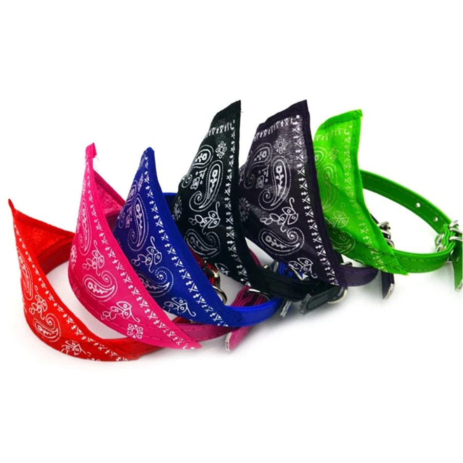 Angled view of adjustable pet bandana collars in multiple colors for small dogs and cats