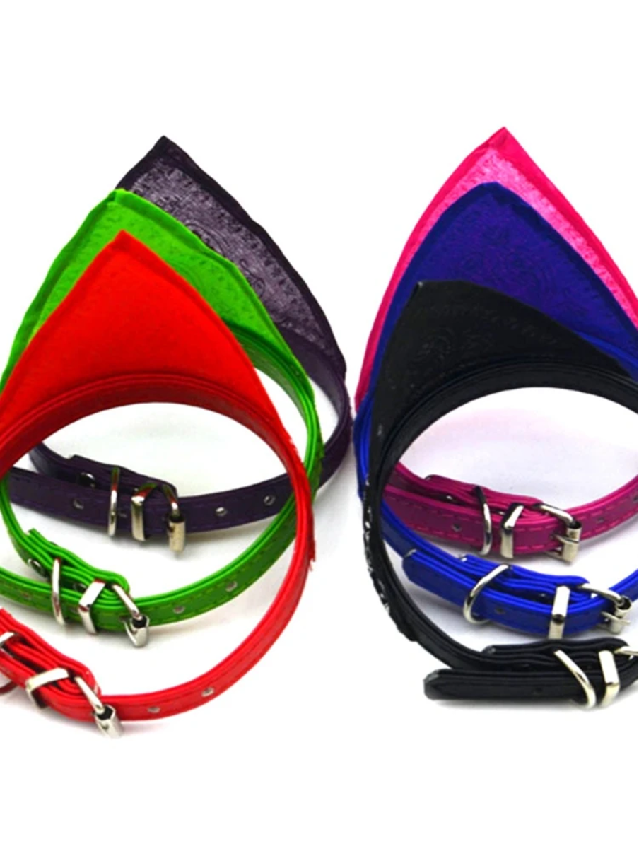 Back view of adjustable pet bandana collars showing adjustable straps in multiple colors