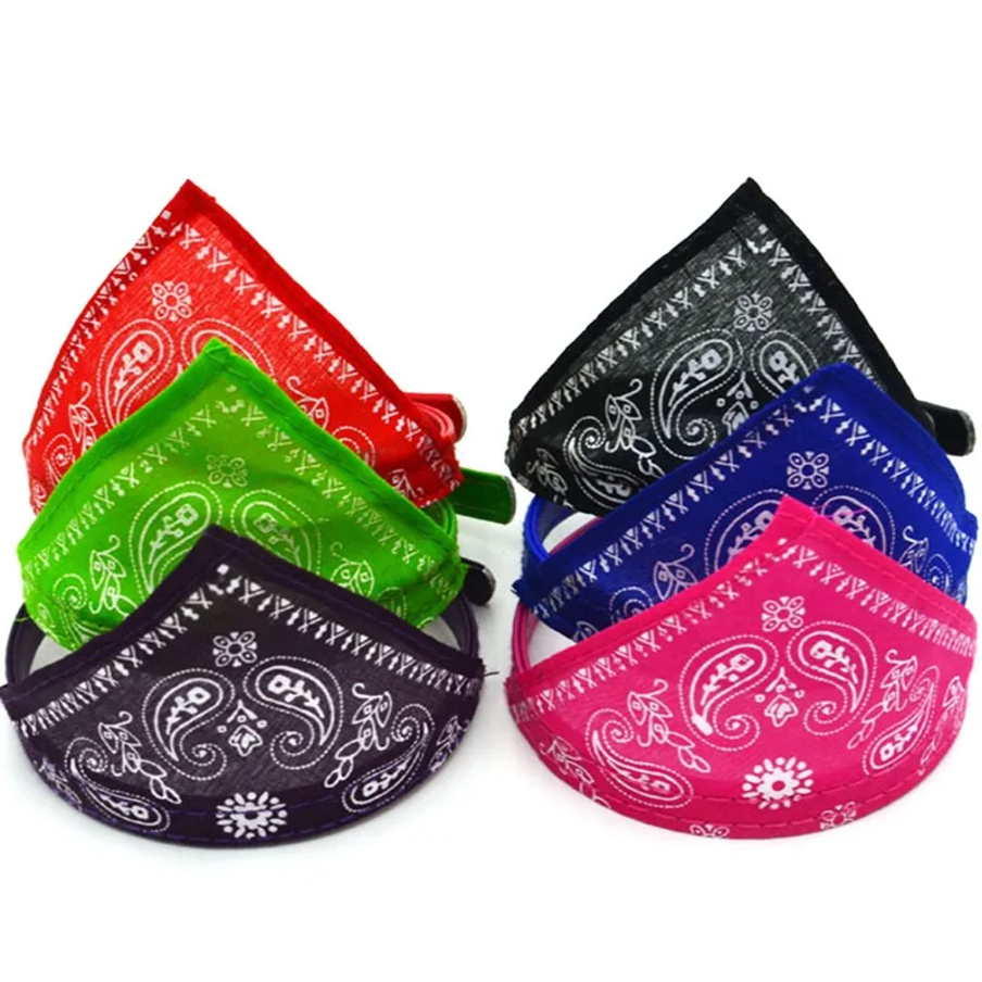 Stacked adjustable pet bandana collars in multiple colors for small dogs and cats