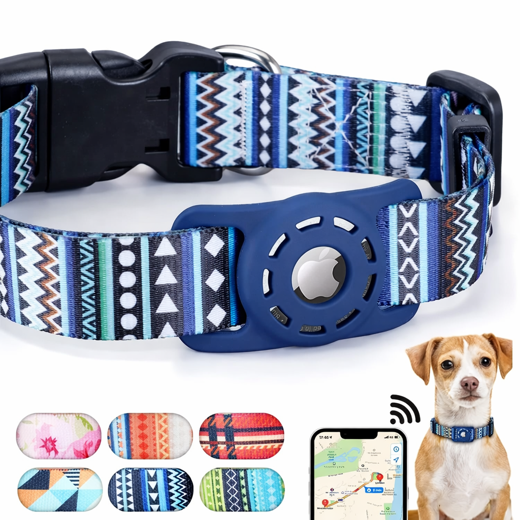 Blue patterned AirTag dog collar with adjustable fit, secure AirTag holder and quick-release buckle