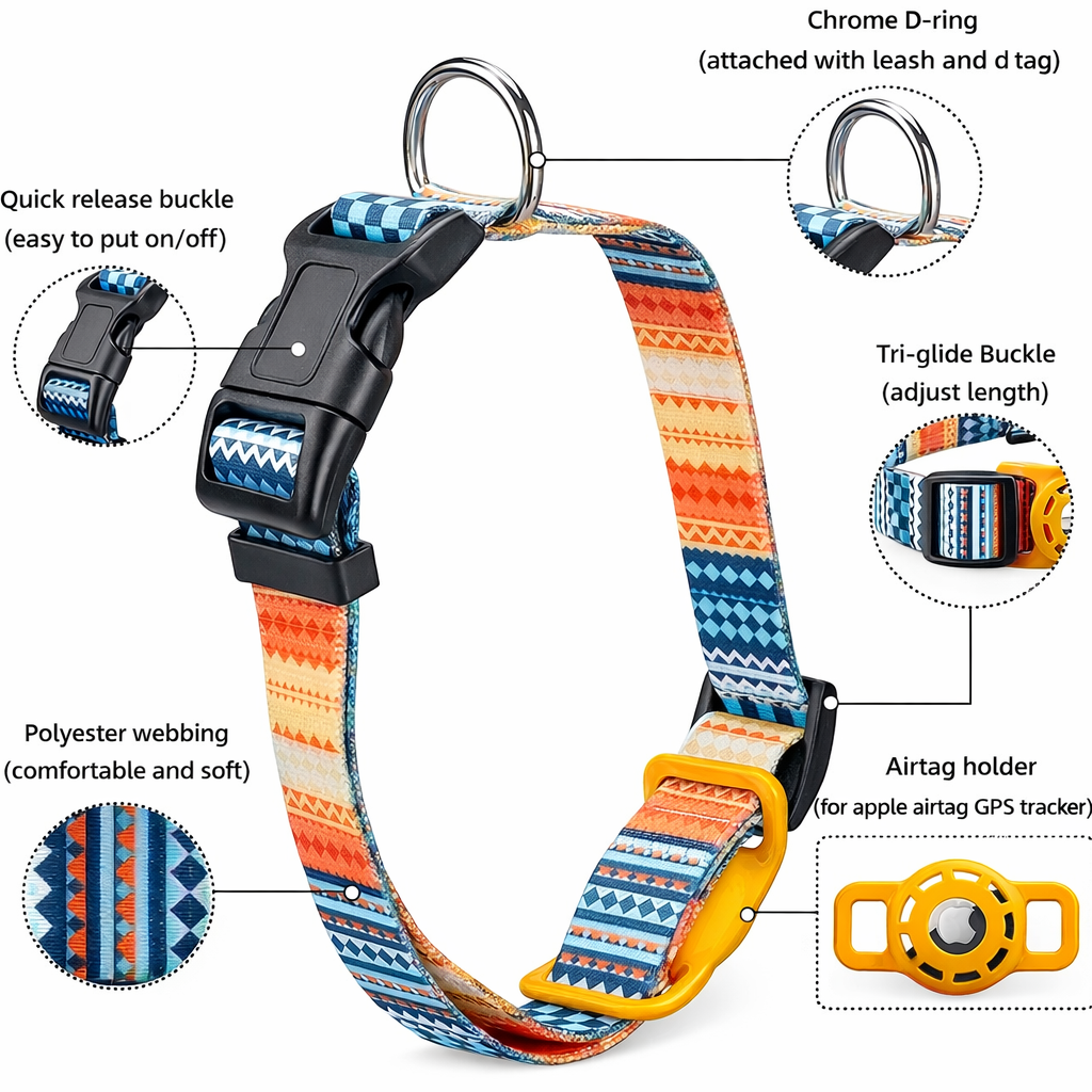 AirTag dog collar showing adjustable strap, quick release buckle, chrome D-ring and built-in AirTag holder