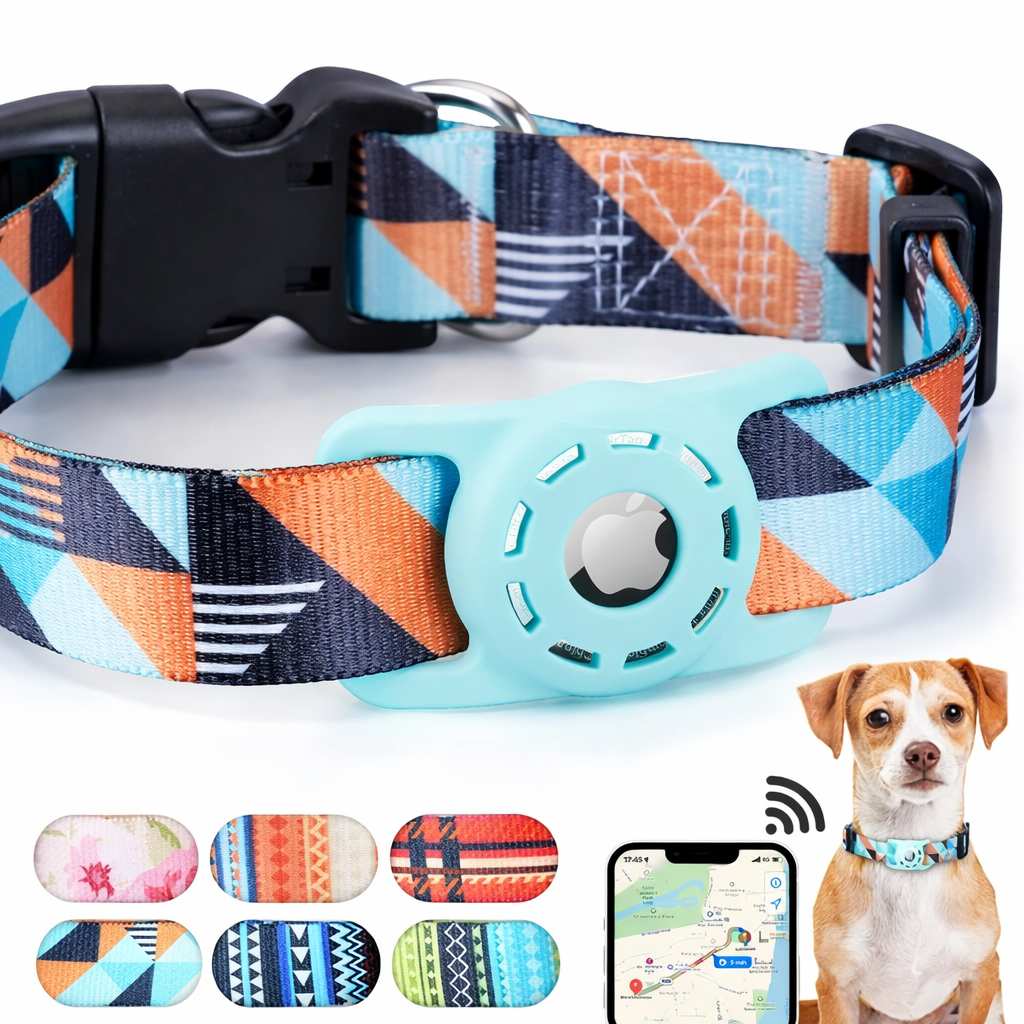 Adjustable AirTag dog collar with geometric pattern, secure AirTag holder and quick-release buckle