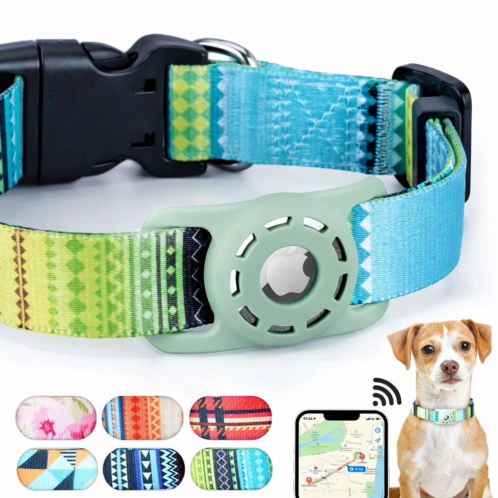 Green and blue AirTag dog collar with adjustable fit, secure AirTag holder and quick-release buckle