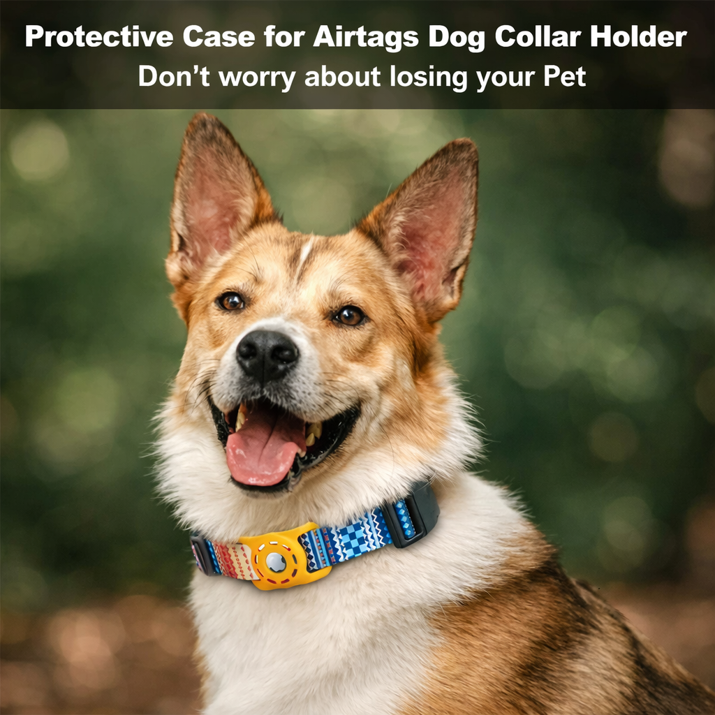 Multicolor AirTag dog collar with red holder, adjustable fit and secure quick-release buckle