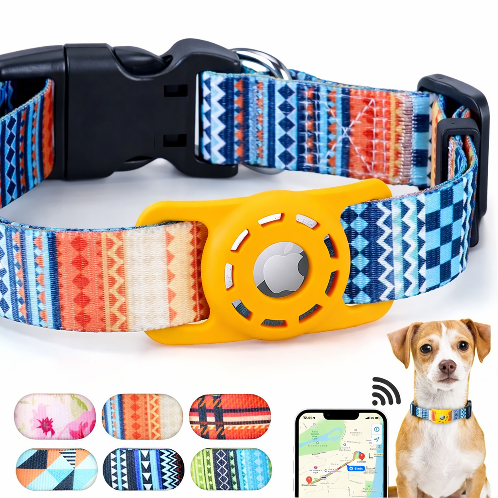 Multicolor AirTag dog collar with orange holder, adjustable fit and secure quick-release buckle