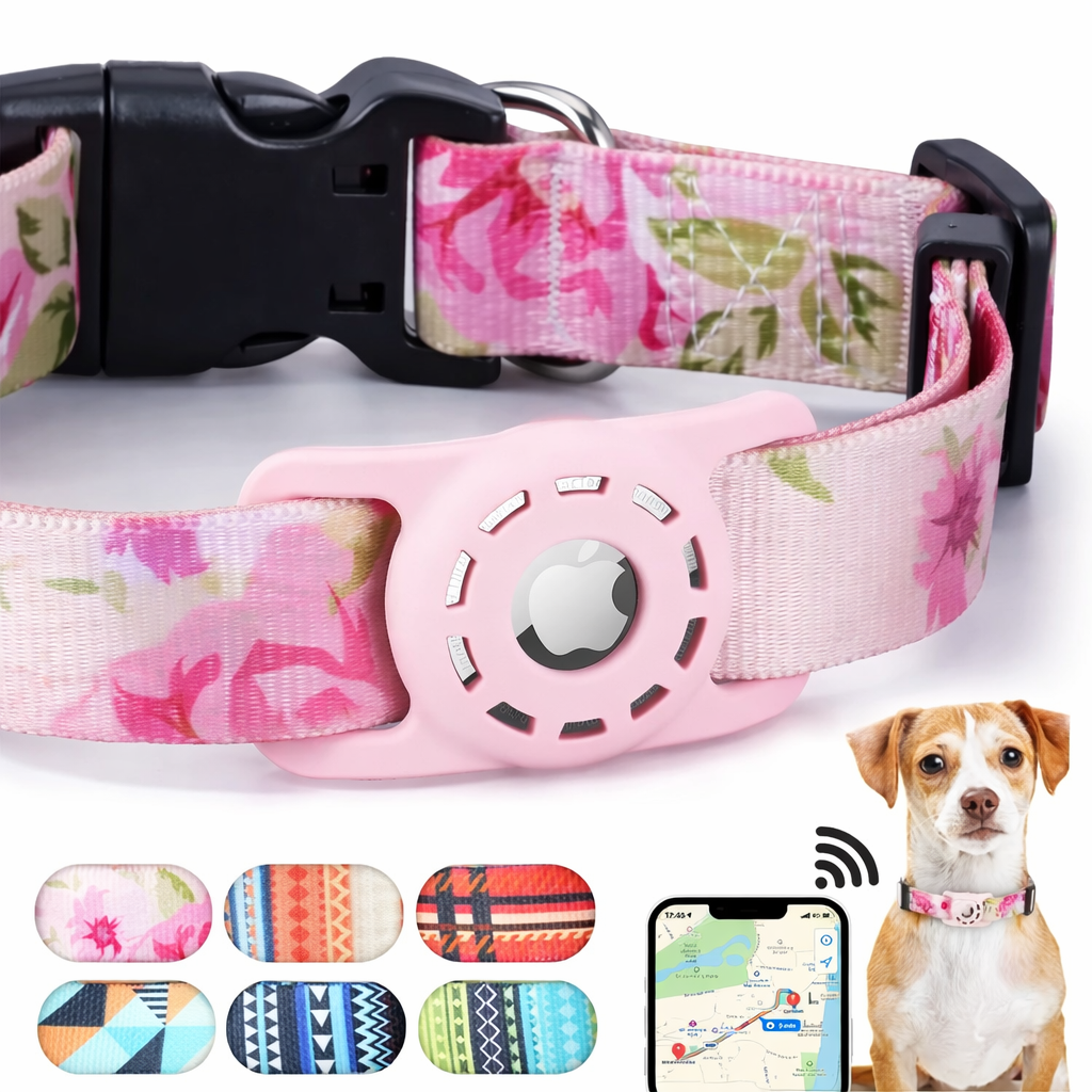 Pink floral AirTag dog collar with adjustable fit, secure AirTag holder and quick-release buckle