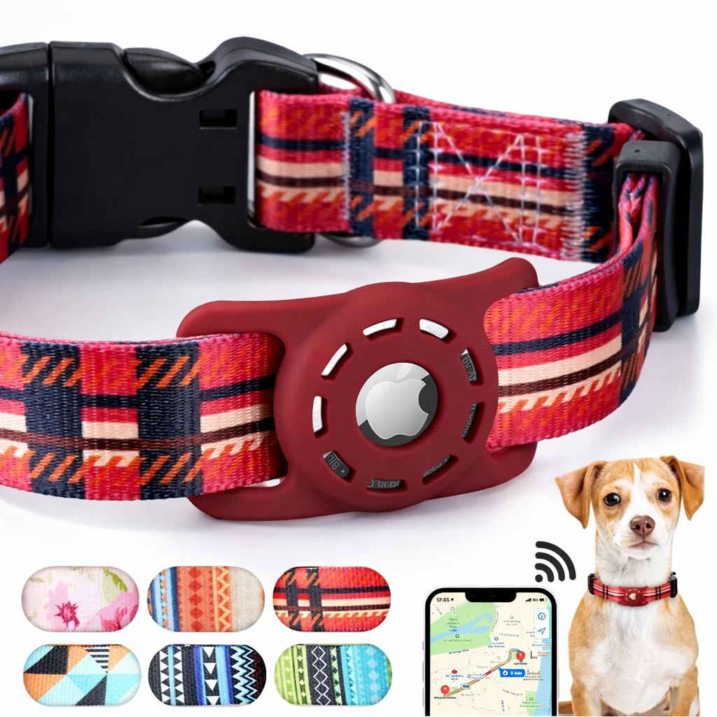 Multicolor AirTag dog collar with red holder, adjustable fit and secure quick-release buckle