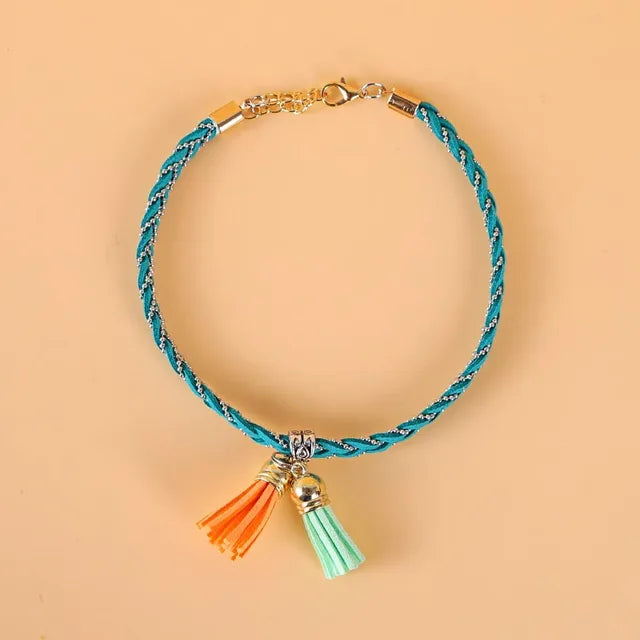Braided colorblock adjustable cat collar with tassel charm, made from velvet and silk, by Uslings
