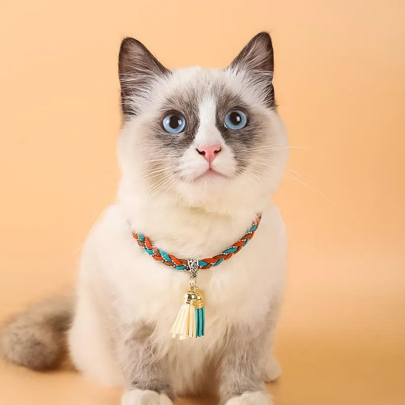 Cat wearing a braided colorblock adjustable collar with tassel charm by Uslings
