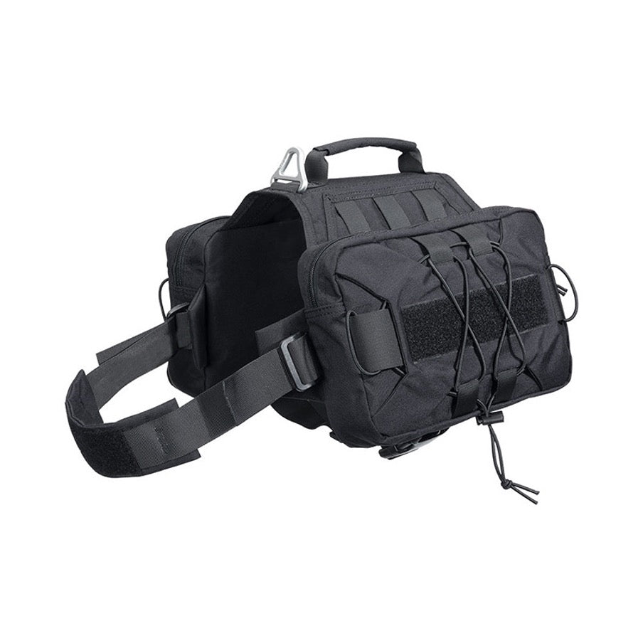 Black DG121 tactical dog backpack made from durable 1000D nylon for hiking and outdoor use