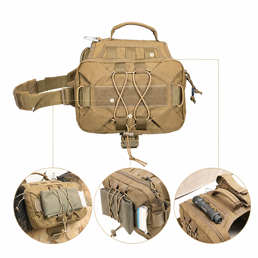 DG121 tactical dog backpack showing storage compartments and practical features made from durable 1000D nylon