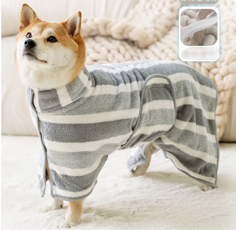 Dog wearing a quick-drying dog bath towel bathrobe made from coral fleece