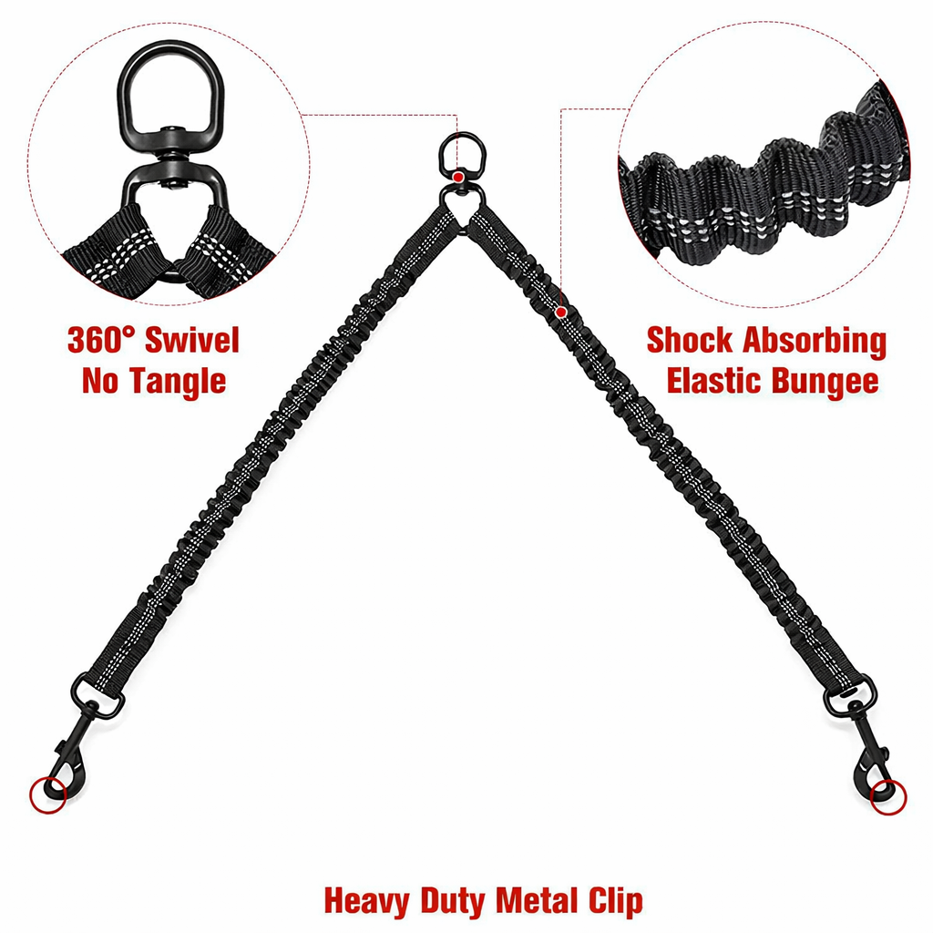 Double dog bungee coupler with shock absorbing elastic and 360 degree swivel