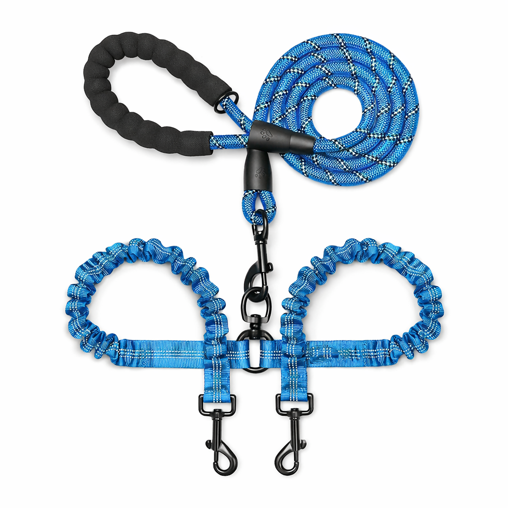 Double dog leash with shock absorbing bungee, padded handle and swivel clips – blue