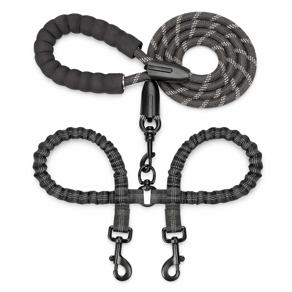 Double dog leash with shock absorbing bungee, padded handle and 360 degree swivel