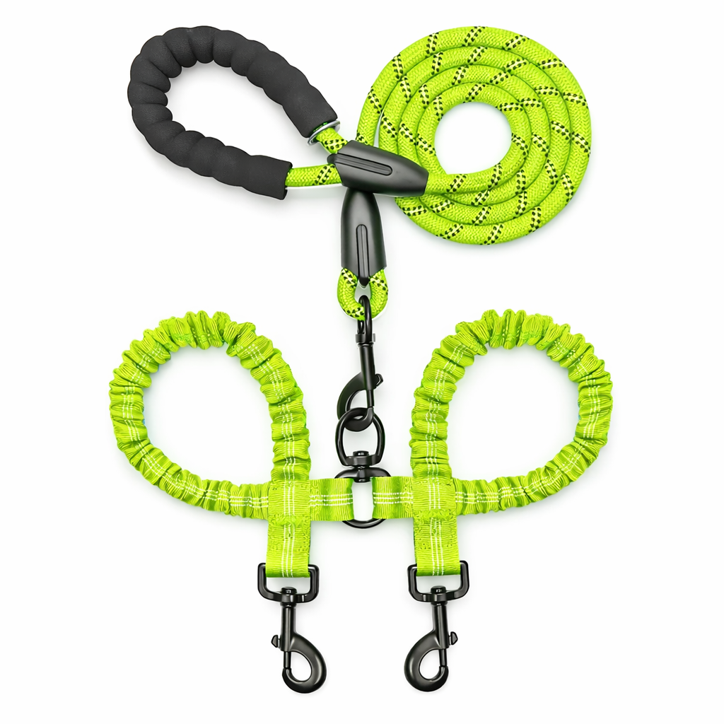 Double dog leash with shock absorbing bungee, padded handle and swivel clips – green