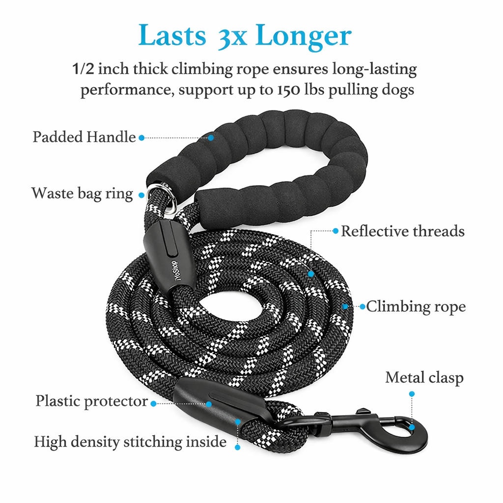 Heavy duty double dog leash made with thick climbing rope and padded handle