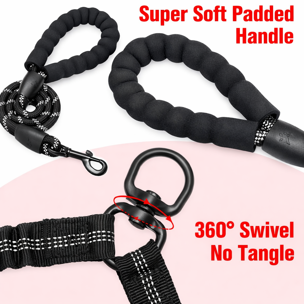 Double dog leash with soft padded handle and 360 degree swivel for no tangling