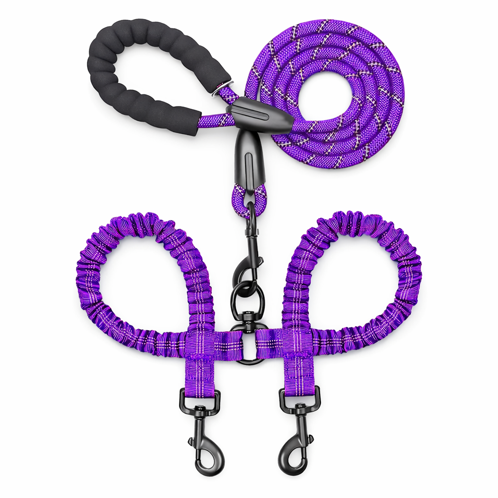 Double dog leash with shock absorbing bungee, padded handle and swivel clips – purple