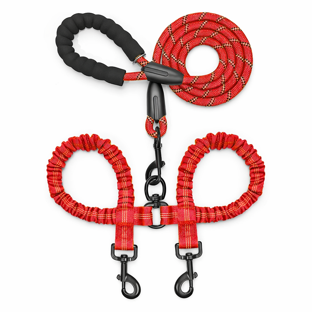 Double dog leash with shock absorbing bungee, padded handle and swivel connectors – red