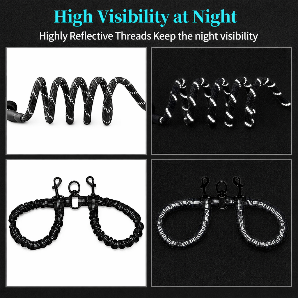 Double dog leash with reflective threads for high visibility at night