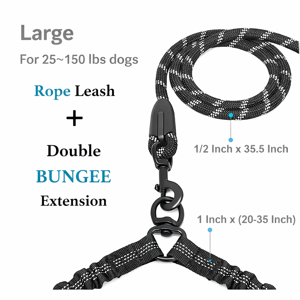 Large double dog leash with rope leash and double bungee extension for big dogs
