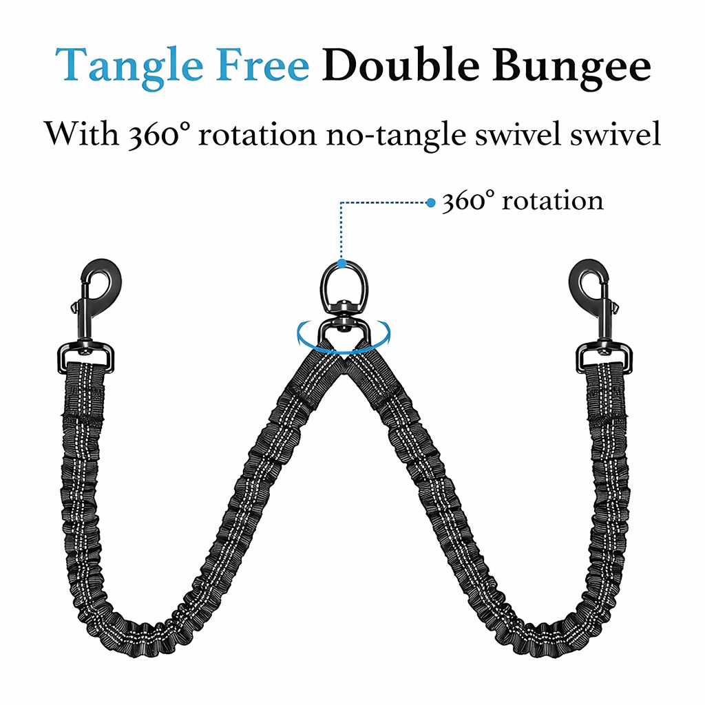 Tangle-free double dog leash bungee with 360-degree swivel connector