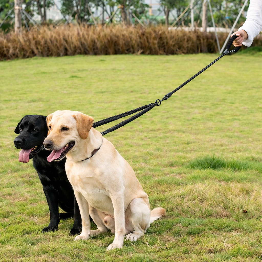 Two dogs walking on a double dog leash with padded handle and bungee lead outdoors