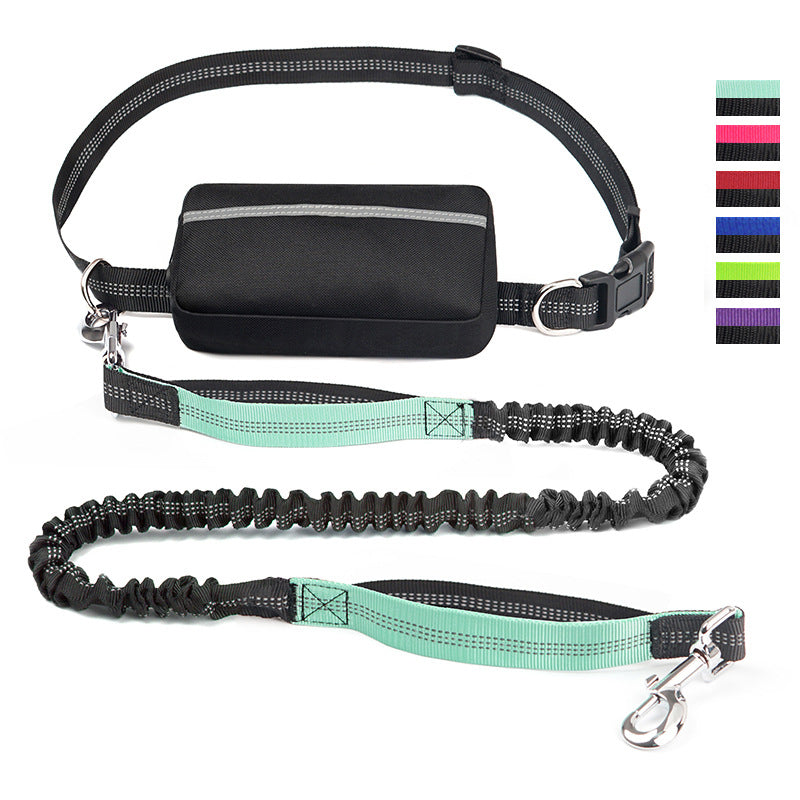 Hands free dog leash parts including bungee rope, waist belt and storage pouch