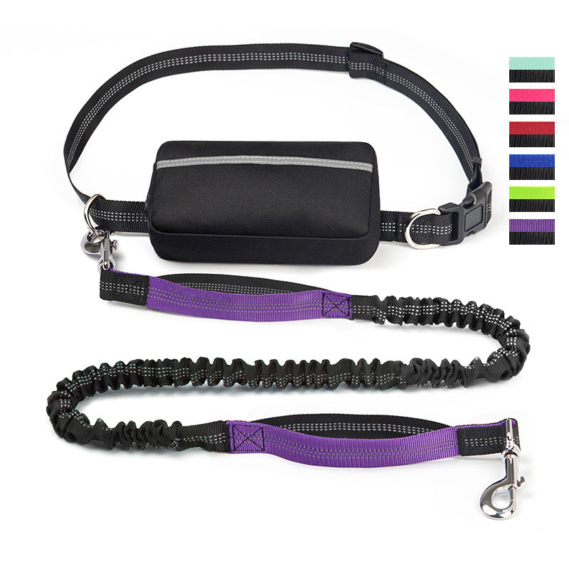 Hands free dog leash with waist belt, shock absorbing bungee leash and storage pouch