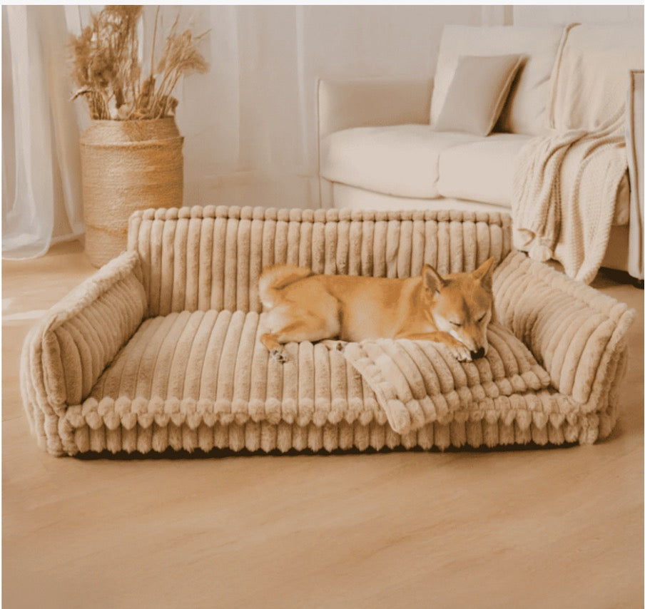 Dog resting on a beige luxurious pet sofa bed in a modern living room