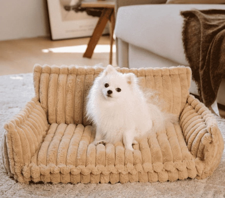 White dog sitting on a beige luxurious pet sofa bed in a cozy living room
