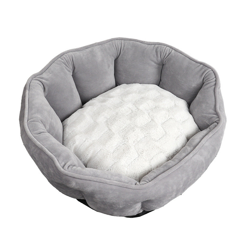 Gray luxury plush pet bed with soft imitation suede and thick cushion, perfect for cats and small dogs