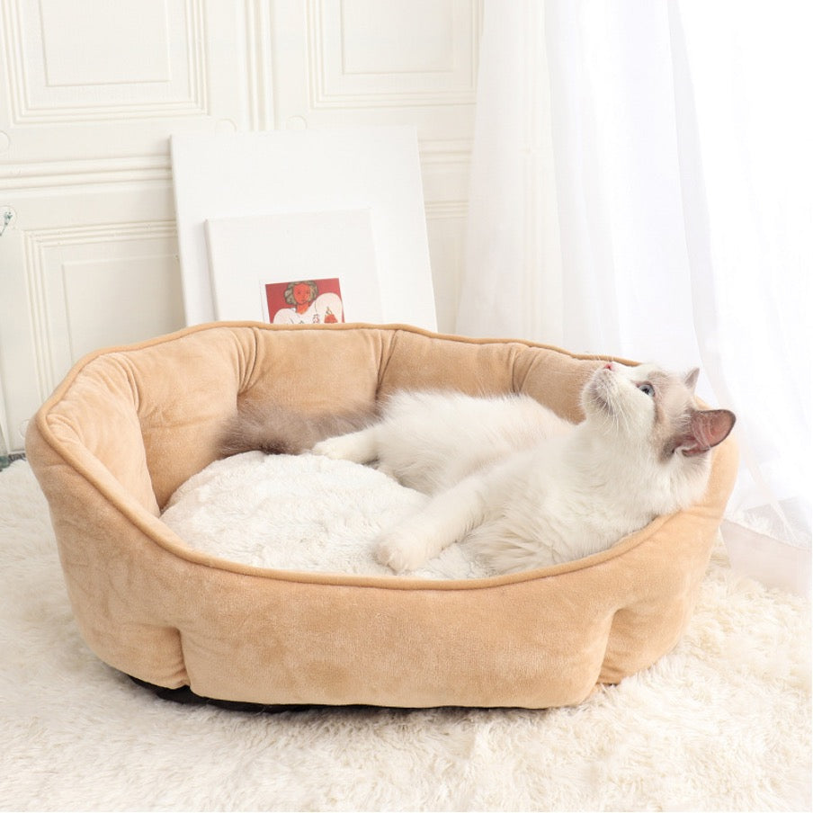 Relaxing cat lying in a luxury plush pet bed with soft imitation suede, perfect for cats and small dogs