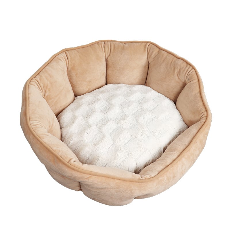 Khaki luxury plush pet bed with soft imitation suede and thick cushion, ideal for cats and small dogs