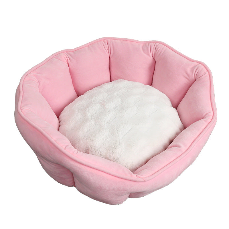 Pink luxury plush pet bed with raised edges for cats and small dogs, soft imitation suede and cozy cushion
