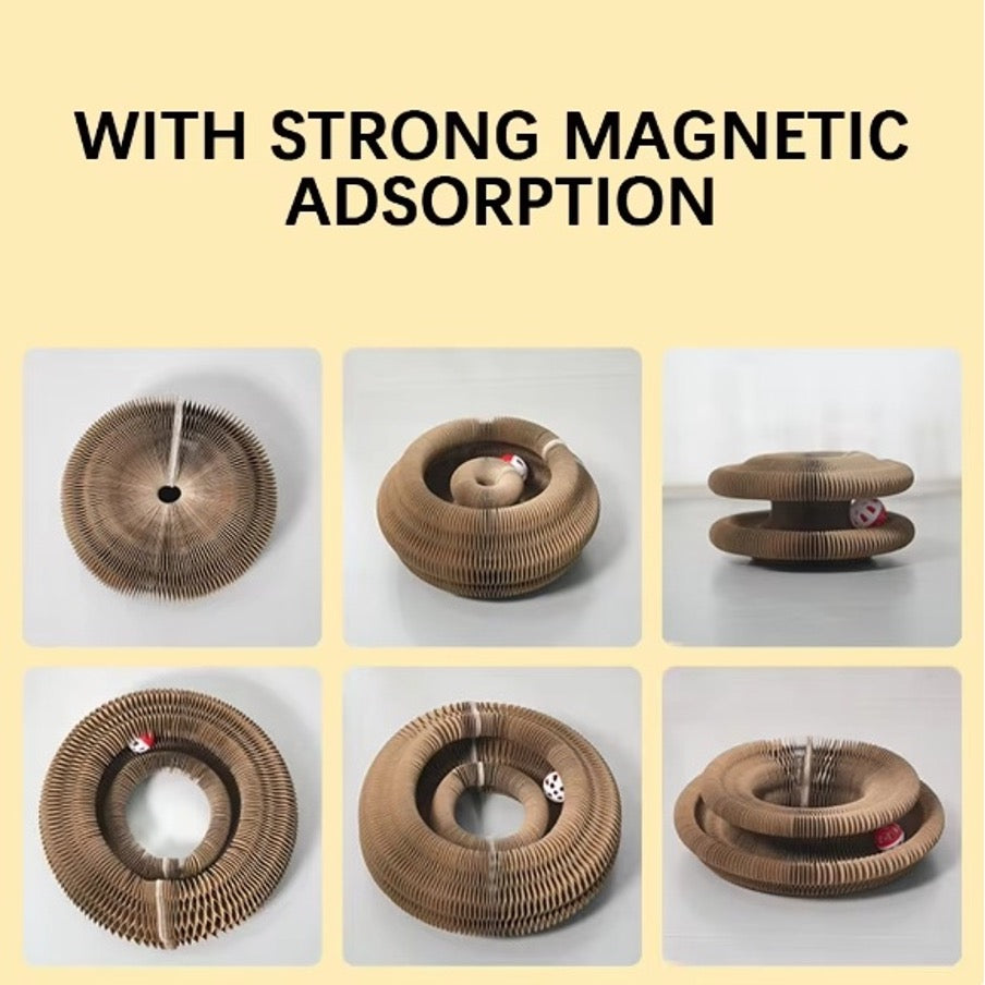 Expandable cat scratching pad toy showing strong magnetic connection in multiple shapes
