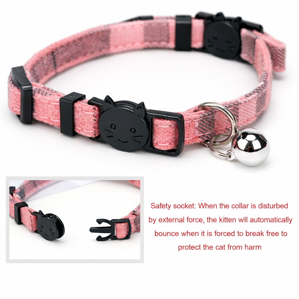 Pink plaid cat collar with breakaway safety buckle and bell on white background