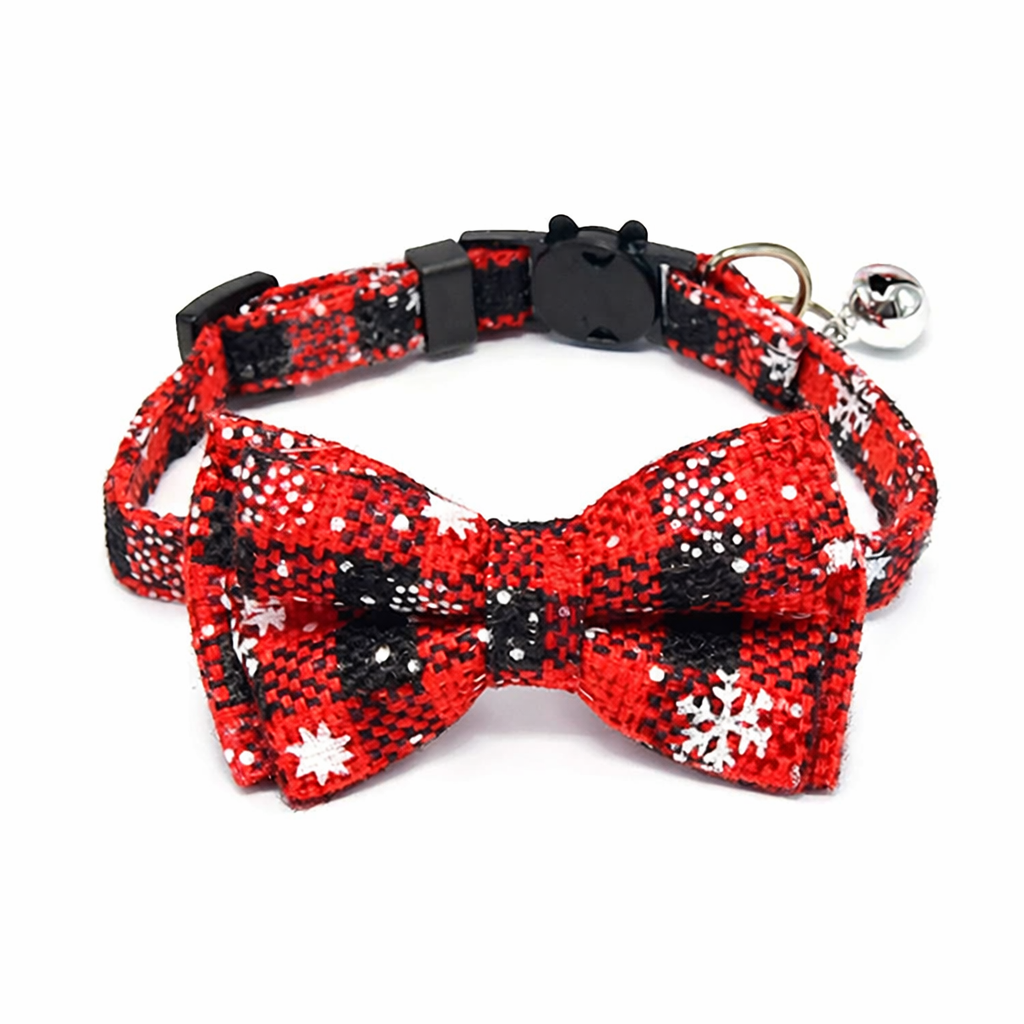 Red and black plaid cat collar with bow tie, snowflake pattern and breakaway safety buckle on white background