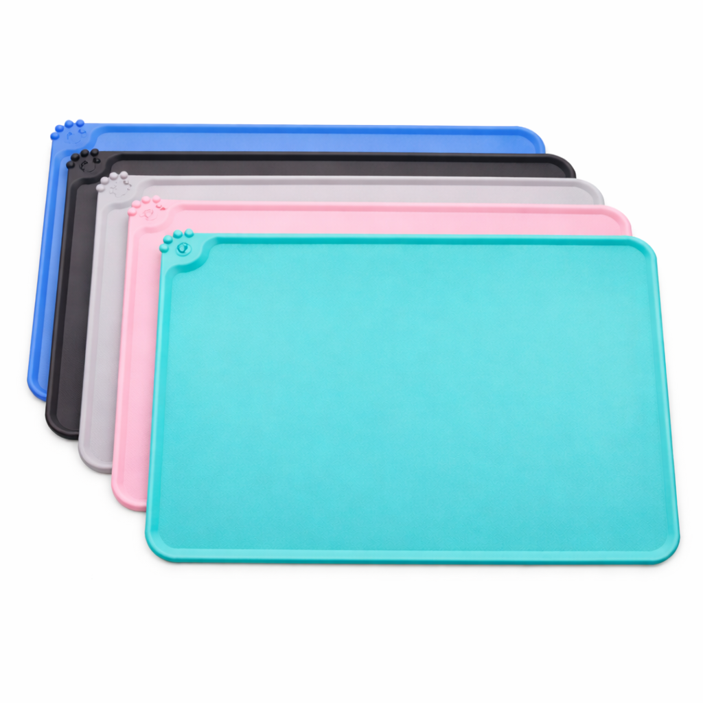 Silicone pet feeding mats available in blue, black, grey, pink and mint green