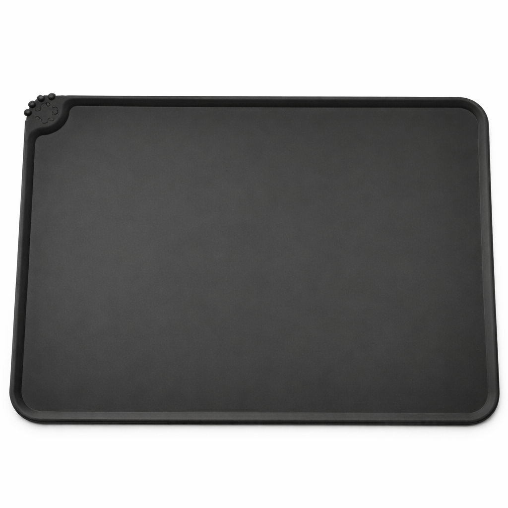 Black silicone pet feeding mat with non-slip surface