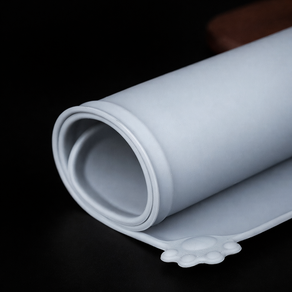 Rollable light grey silicone pet feeding mat with raised edge