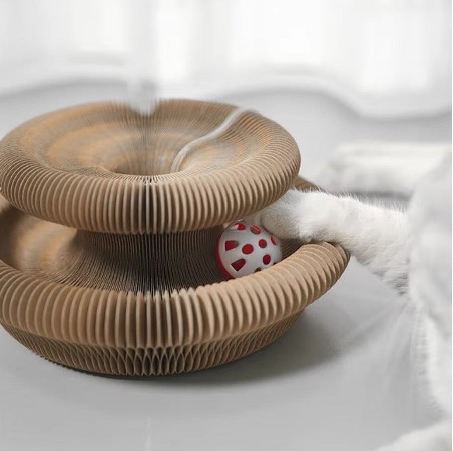 Expandable cat scratching pad toy stacked into layers with a rolling ball and cat paw